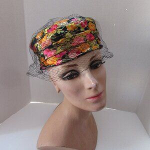 1960 Era Pill Box Hat Colorful Brocade Gold Threading
